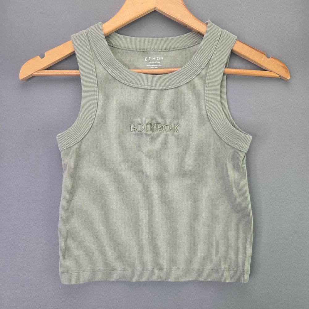 Ethos Bodyrok Tank Top Cropped Ribbed XS Sage Green Cotton Gym Yoga 2397